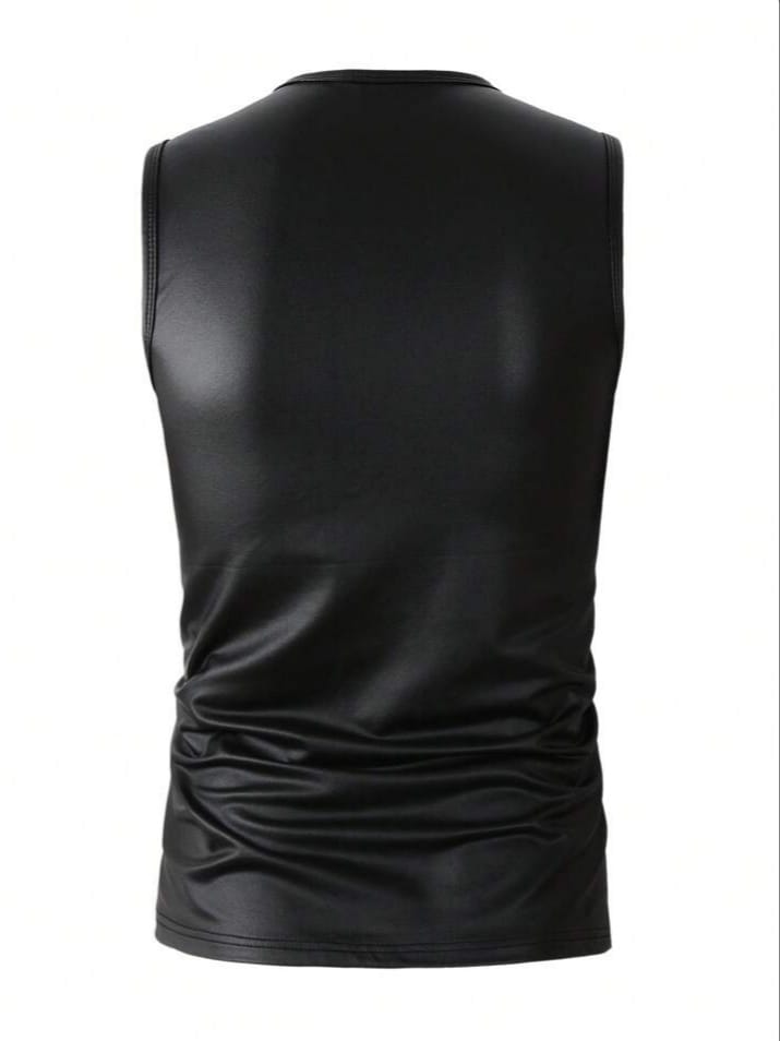 Legnd Men's Solid Color Round Neck PU Leather tank Top